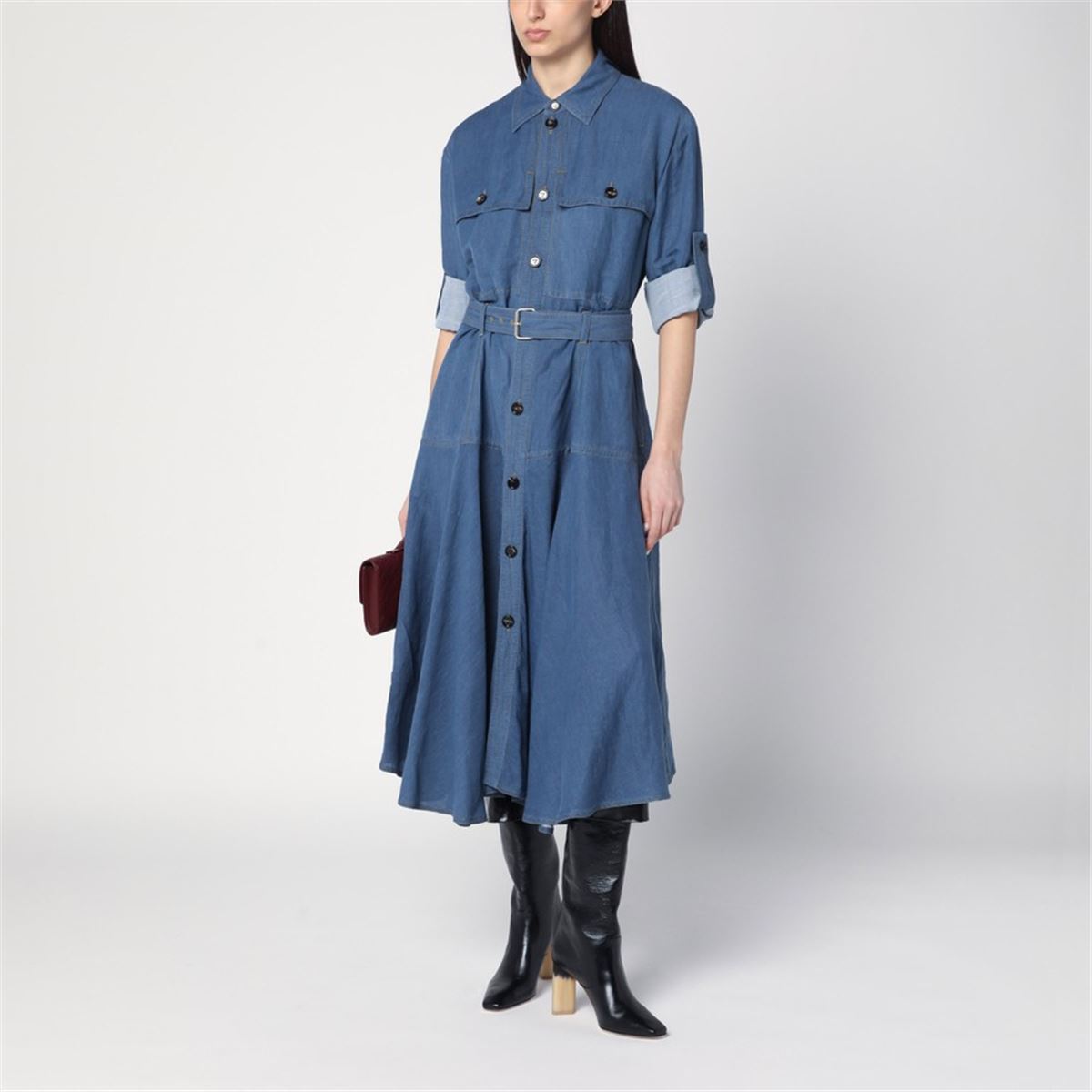 BLUE LINEN-BLEND CHEMISE DRESS