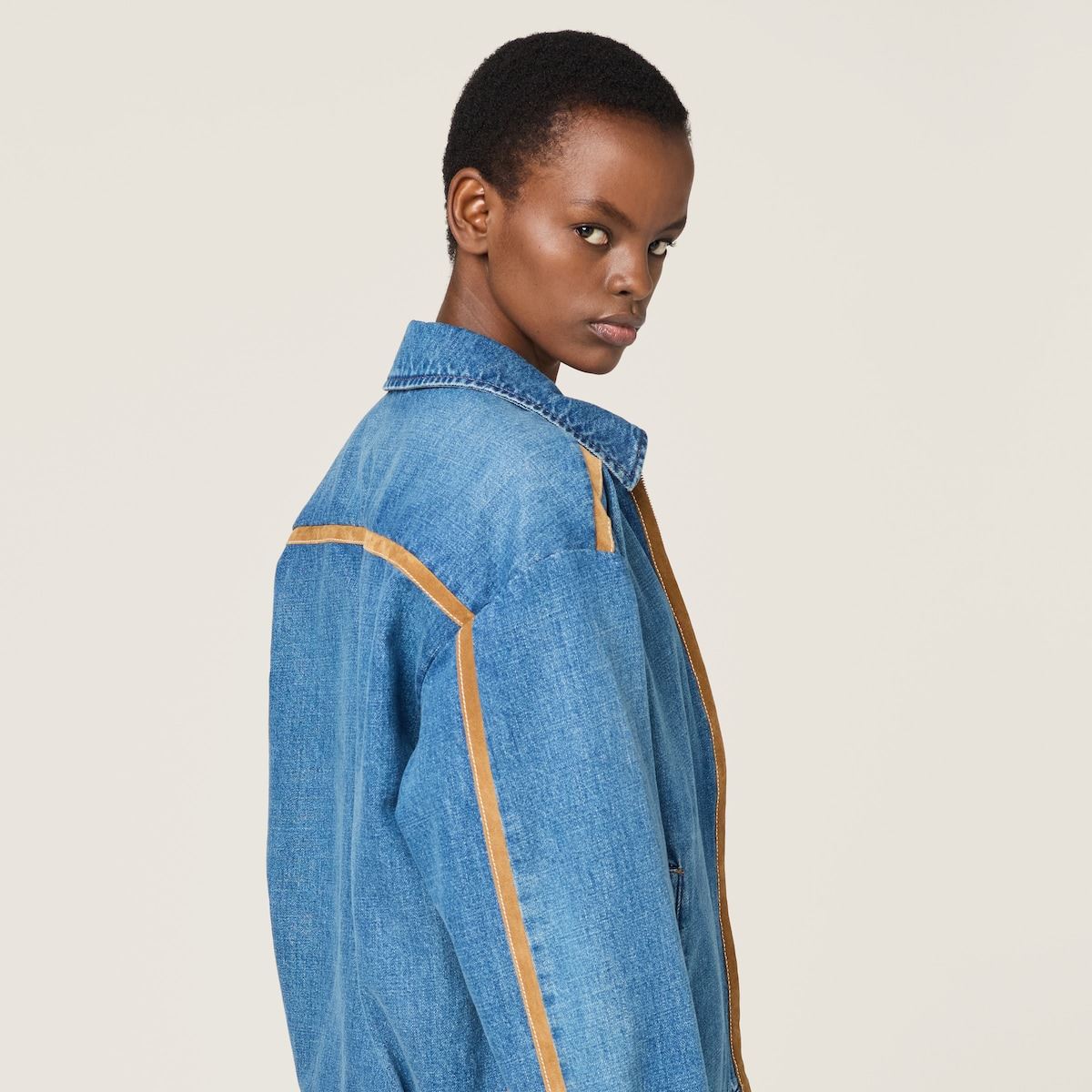 DENIM AND LEATHER BLOUSON JACKET