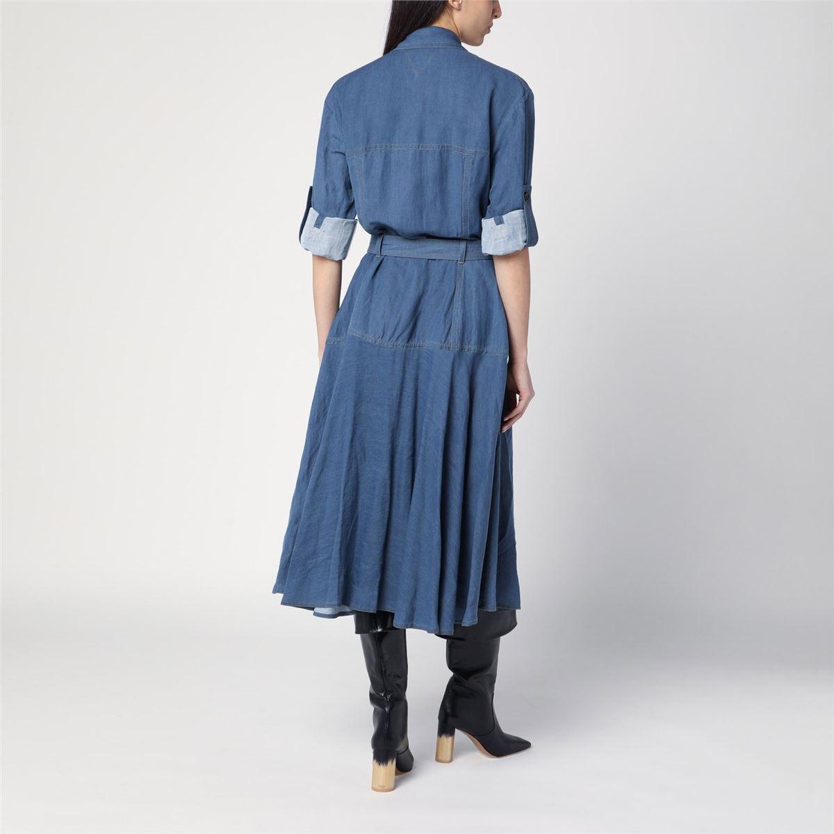 BLUE LINEN-BLEND CHEMISE DRESS