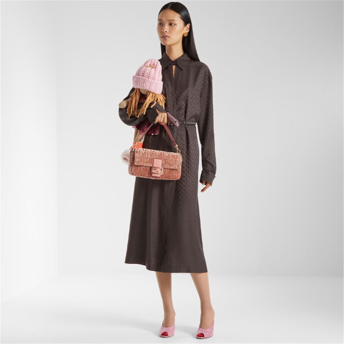 BROWN FF JACQUARD SILK DRESS-FENDI-Verso