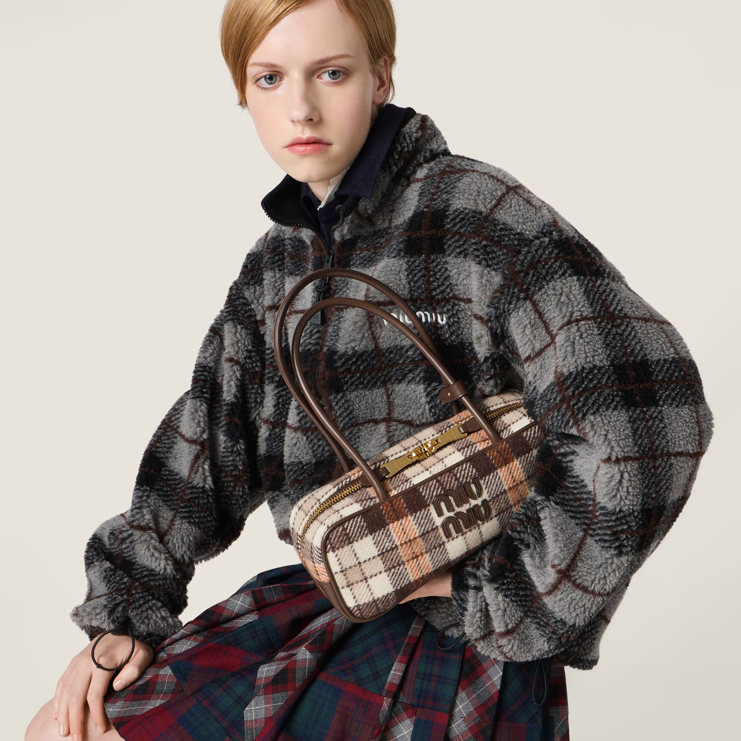 Checked teddy zipper jacket-MIU MIU-Verso