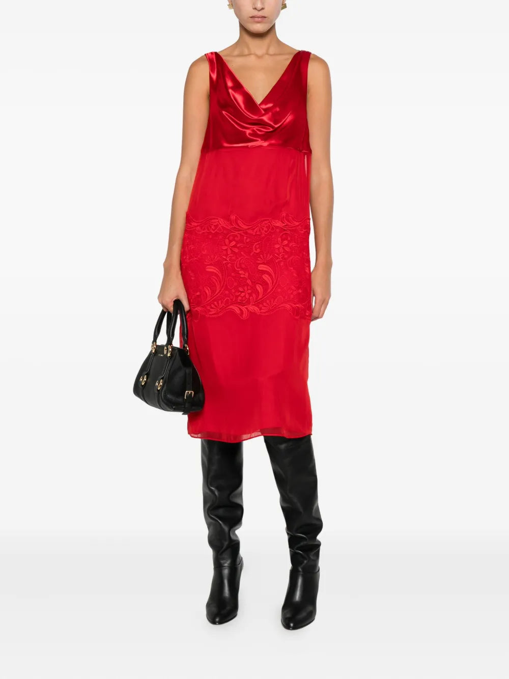 Cowl-neck lace-insert dress