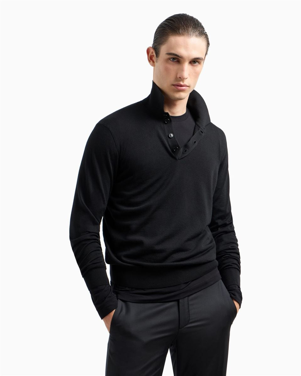 long-sleeved polo shirt in virgin wool-GIORGIO ARMANI-Verso