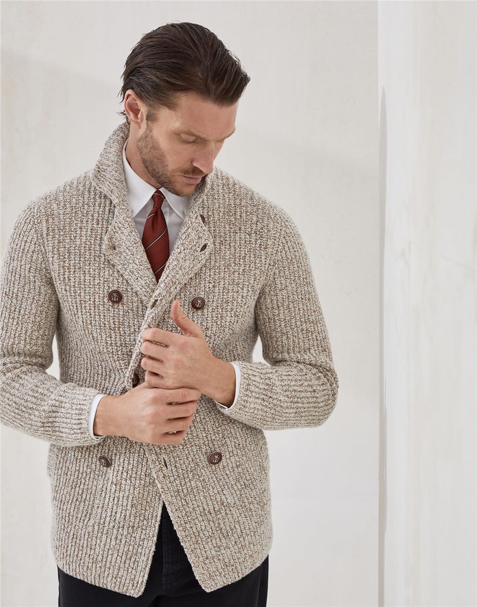 Mouliné virgin wool, silk and cashmere half english rib one-and-a-half breasted cardigan with metal buttons