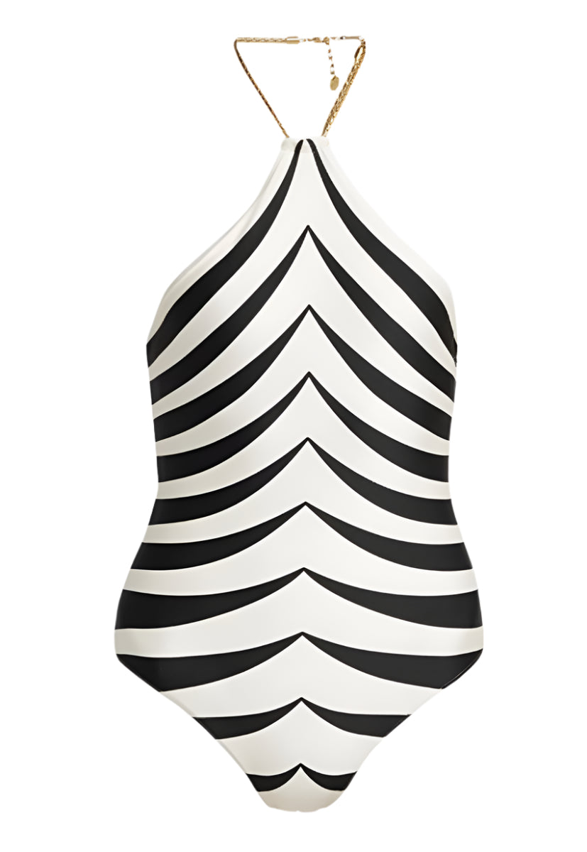 OPTICAL SCALOPPE-PRINT HALTERNECK ONE-PIECE SWIMSUIT WITH CHAIN-TOM FORD-Verso