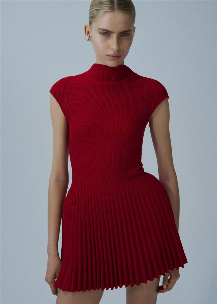 RIBBED KNIT HIGH-NECK SKATER DRESS IN RED-MAGDA BUTRYM-Verso
