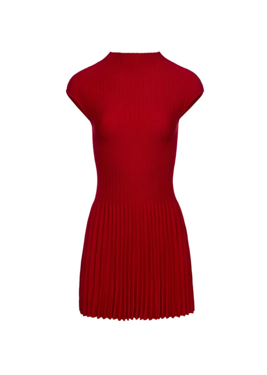 RIBBED KNIT HIGH-NECK SKATER DRESS IN RED-MAGDA BUTRYM-Verso