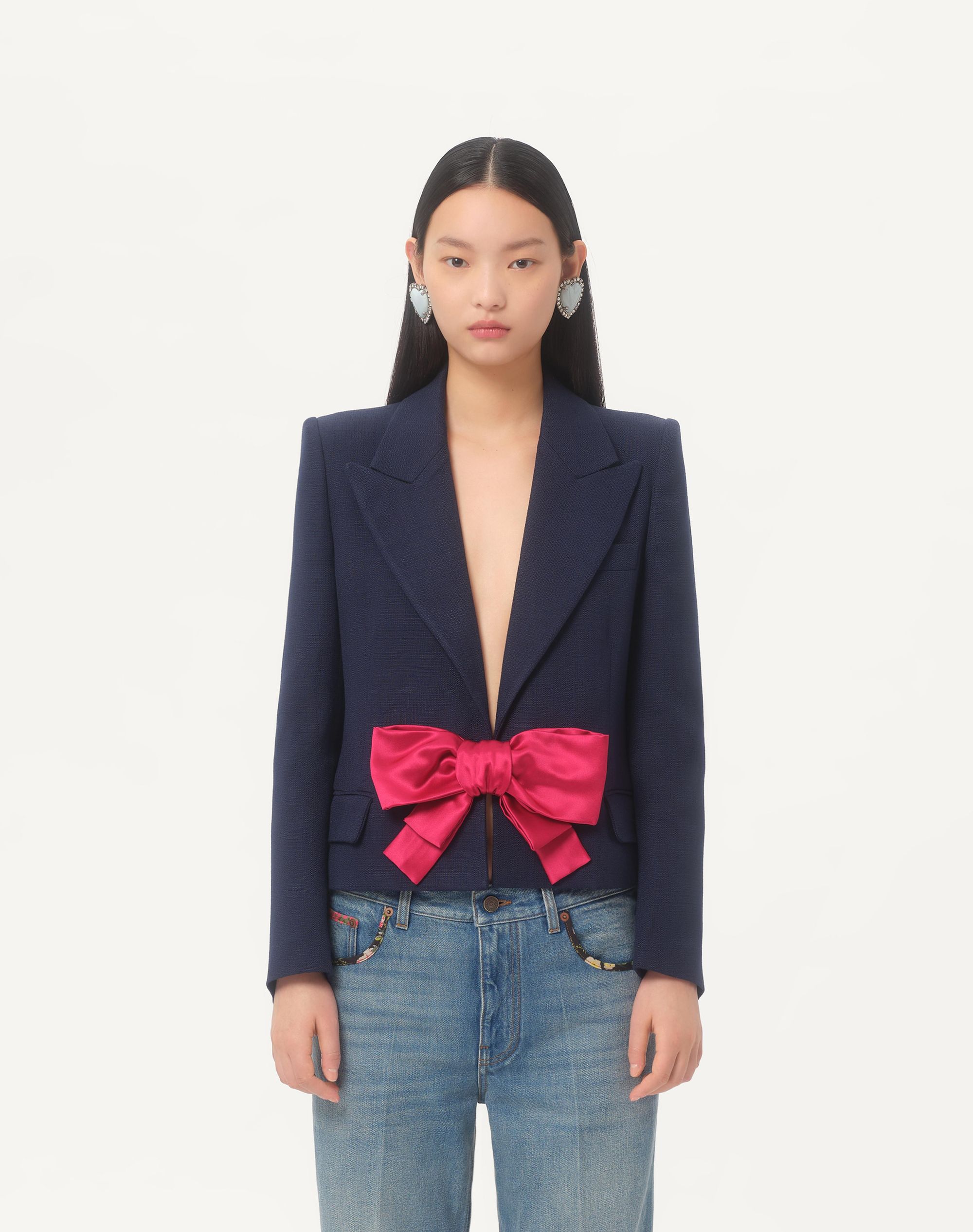 SHORT NAVY BLUE VISCOSE JACKET WITH A DOUBLE DUCHESS RED BOW - VALENTINO - Verso