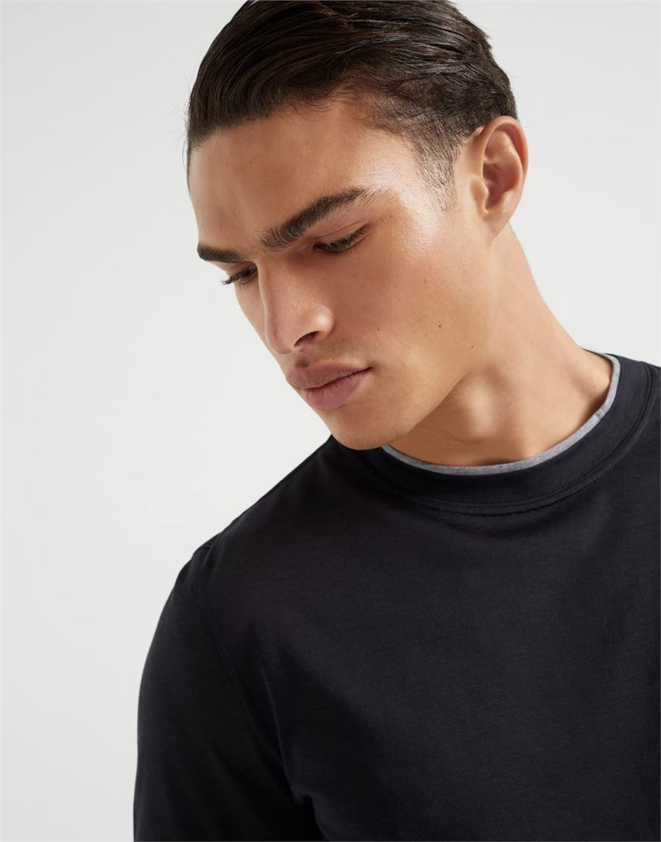 silk and cotton jersey crew neck t-shirt with faux-layering-BRUNELLO CUCINELLI-Verso