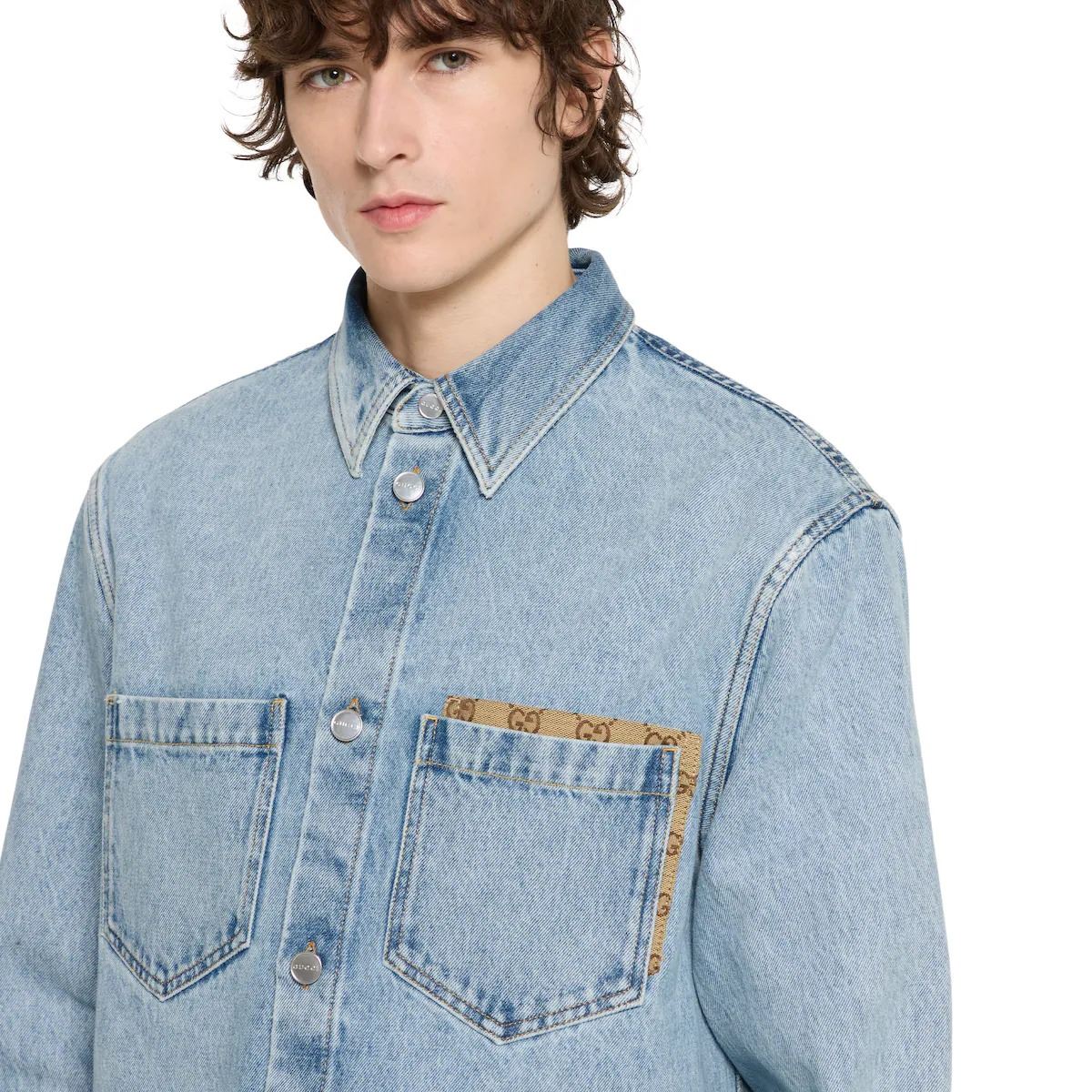 Washed denim shirt with gg insert-GUCCI-Verso