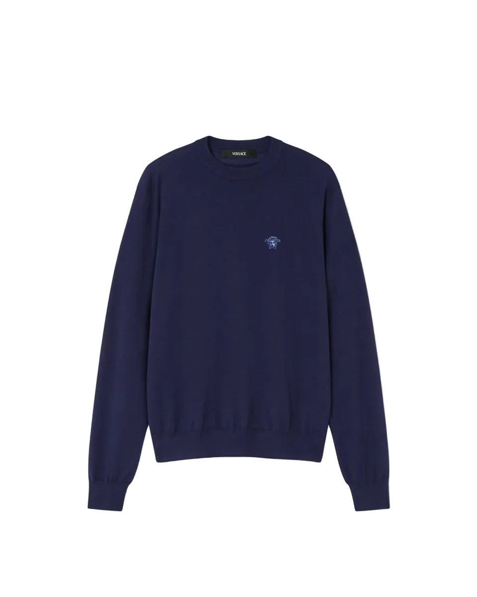 VERSACE ヴァイオレットブルーエンボスメデューサ刺繍ニット wool-blend-knit-sweater-