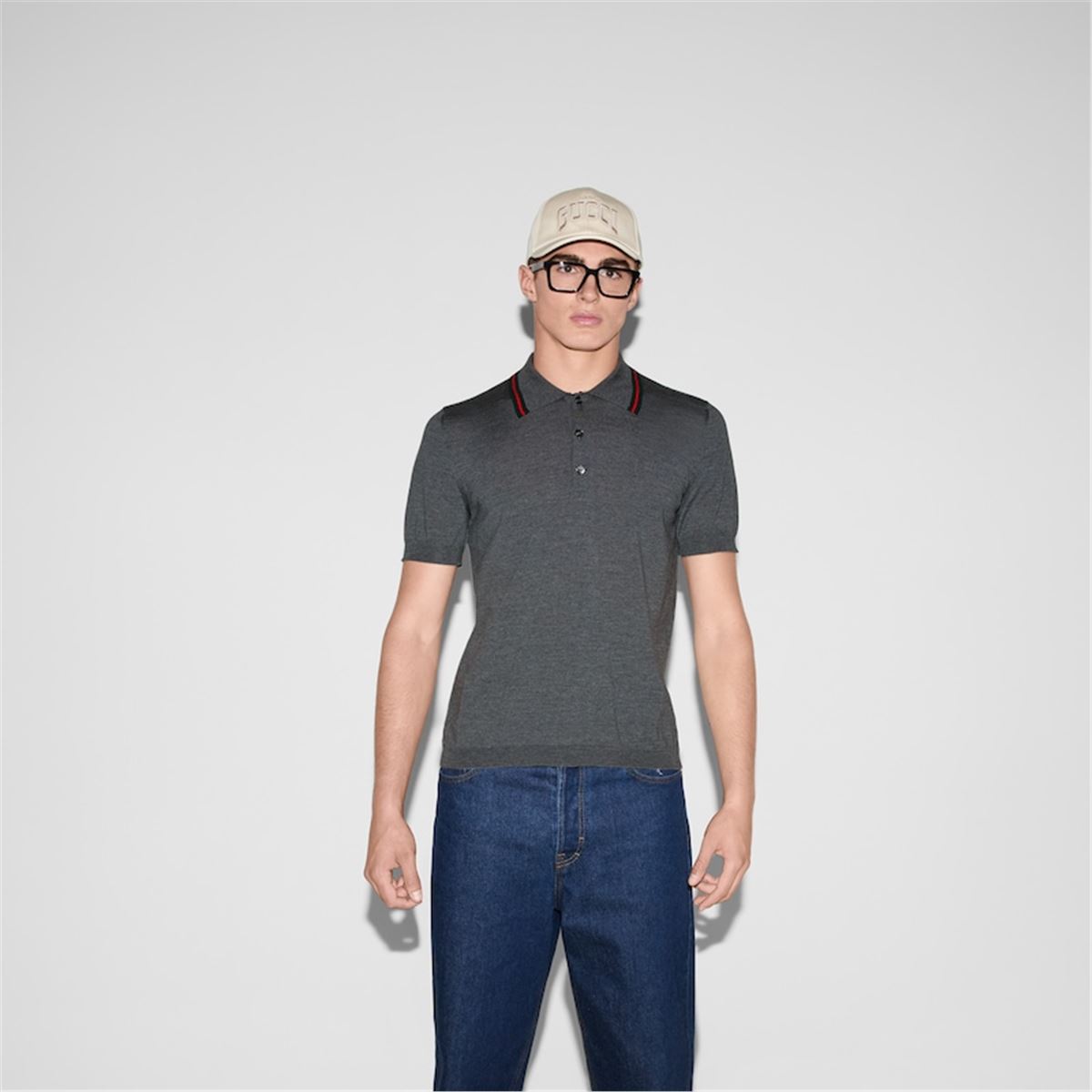 WOOL KNIT POLO SHIRT WITH WEB - GUCCI - Verso