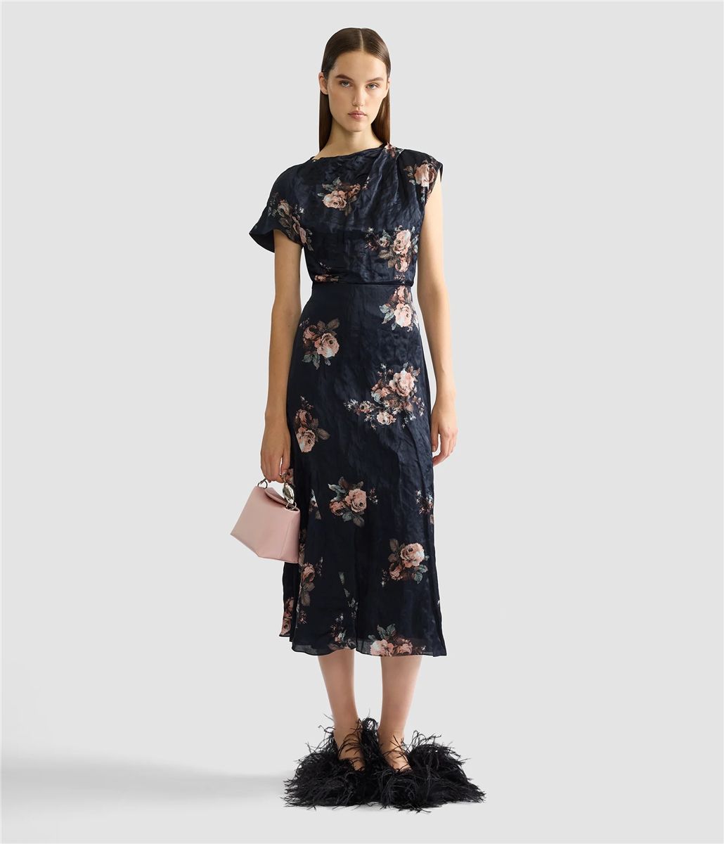 Floral crushed satin draped midi skirt-ERDEM-Verso