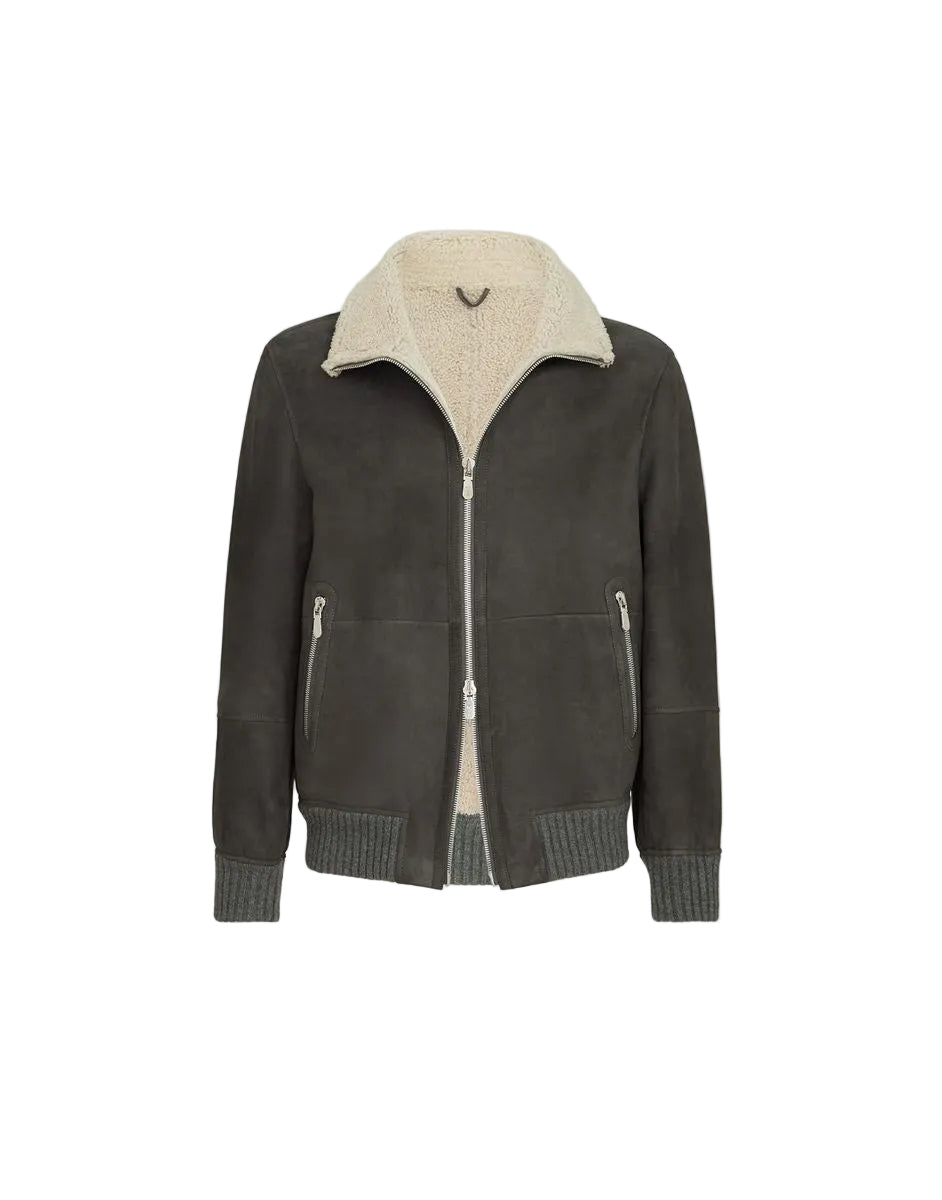 Suede curly shearling bomber jacket