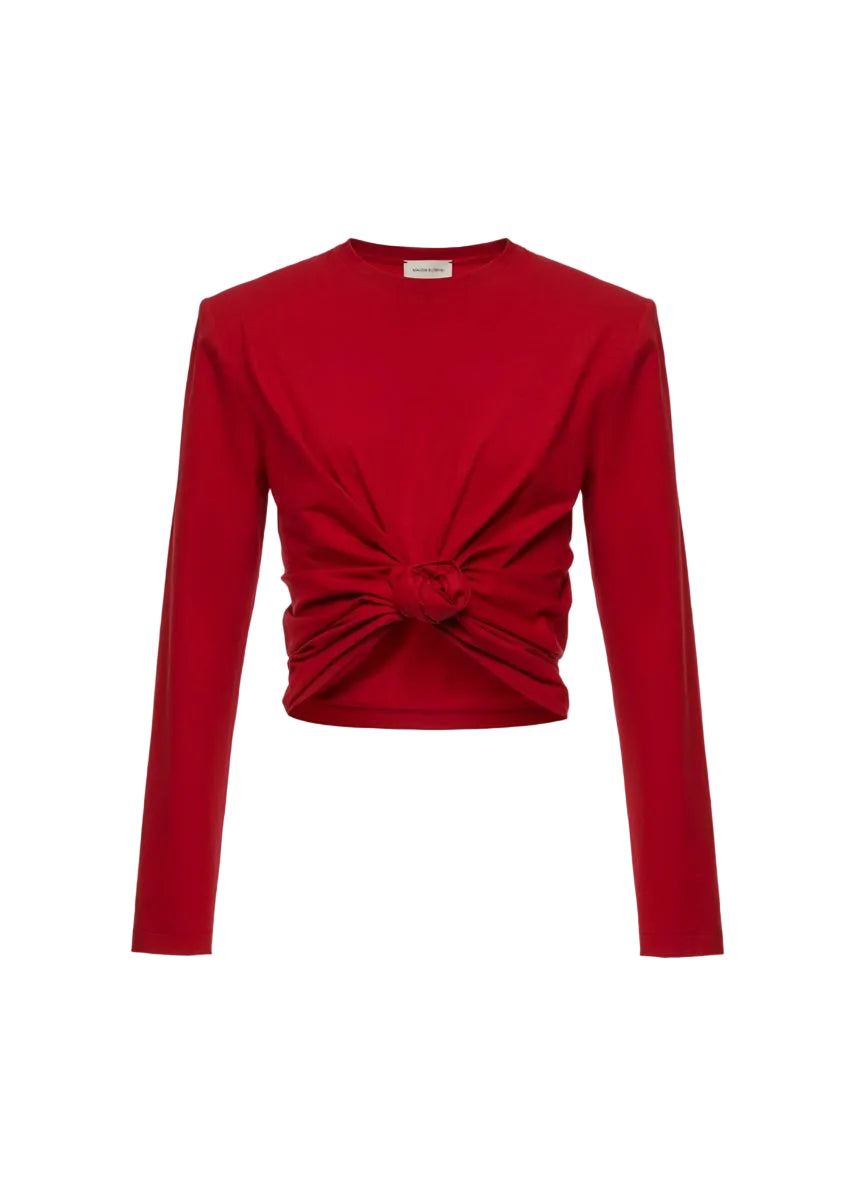 Knotted longsleeve jersey blouse in red