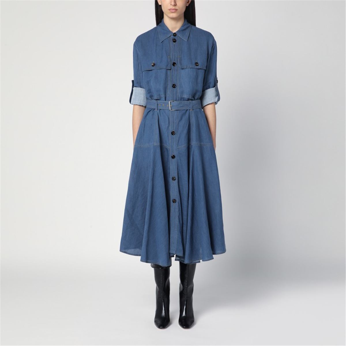 BLUE LINEN-BLEND CHEMISE DRESS