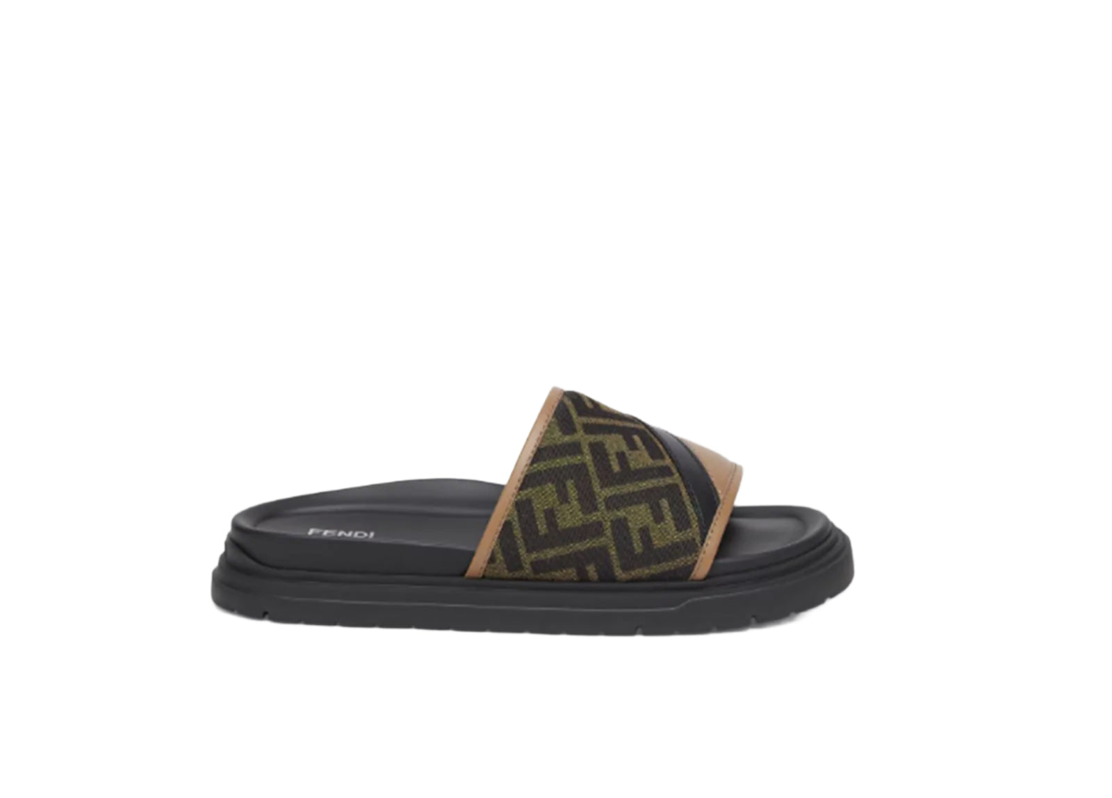 BROWN FF JACQUARD AND BEIGE LEATHER SLIDES -  FENDI -  Verso