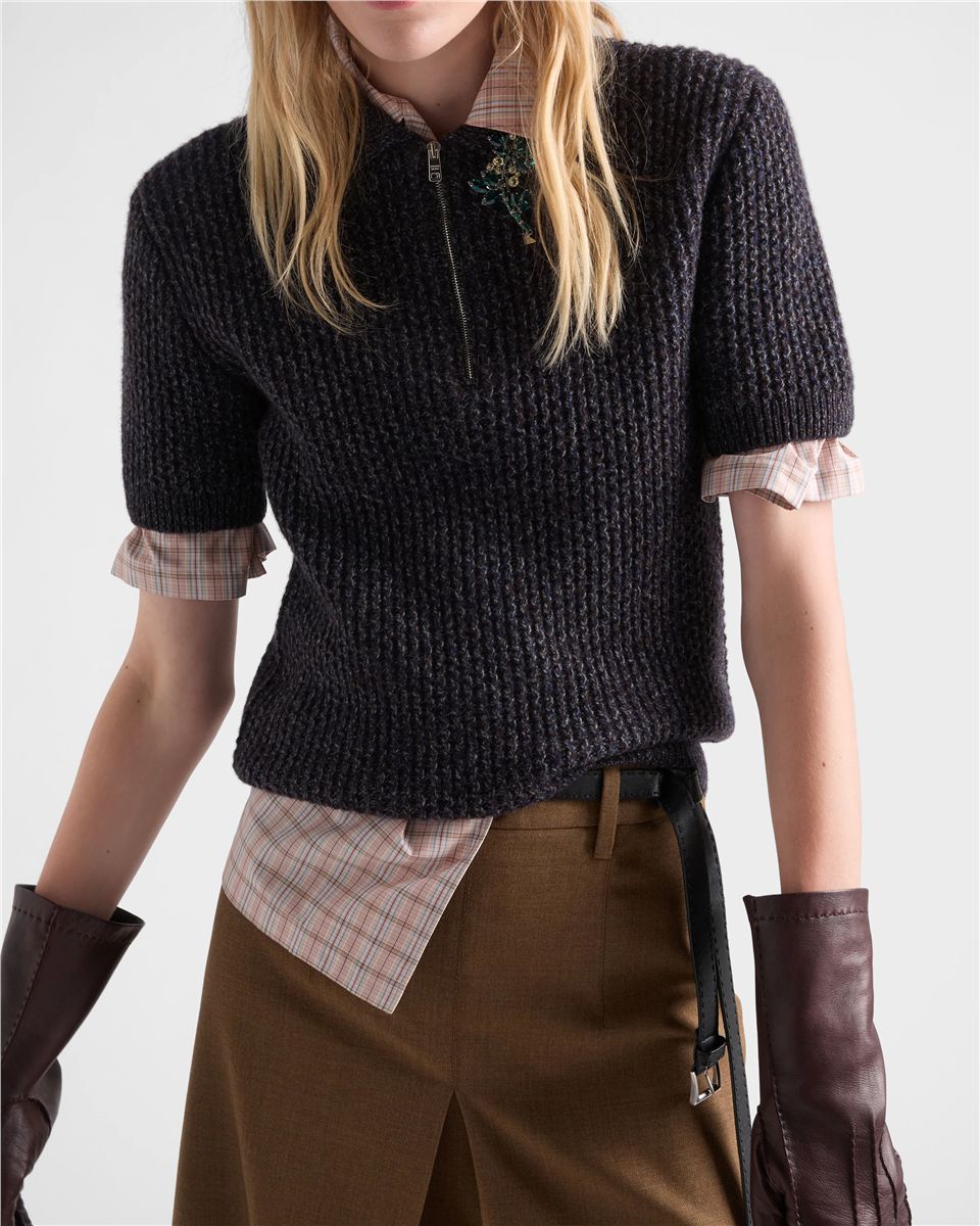 Short-sleeved wool and mouliné cashmere polo sweater-PRADA-Verso