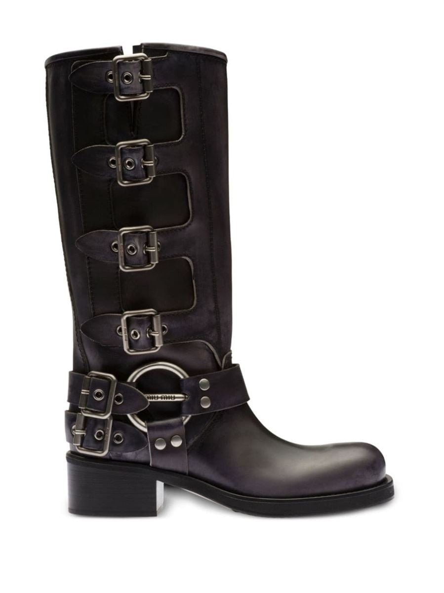 BUCKLE-DETAIL LEATHER BOOTS MIU MIU