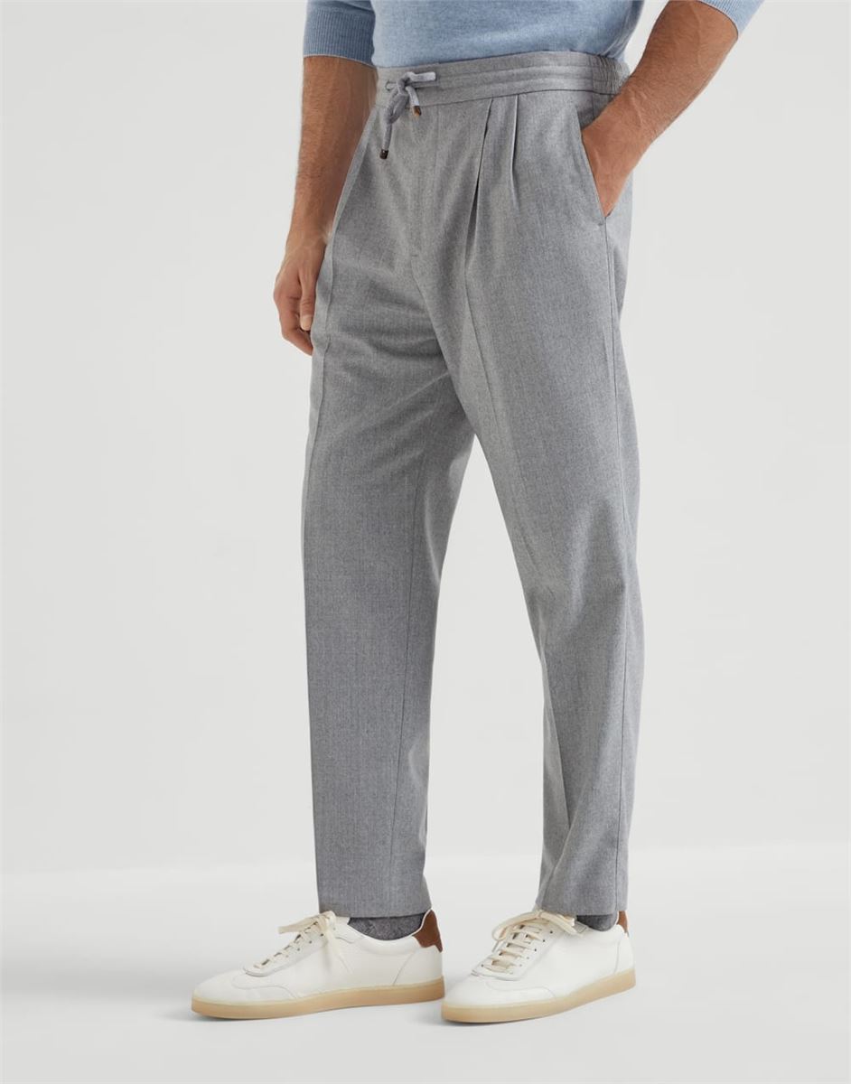 virgin wool flannel leisure fit trousers with drawstring and double pleats