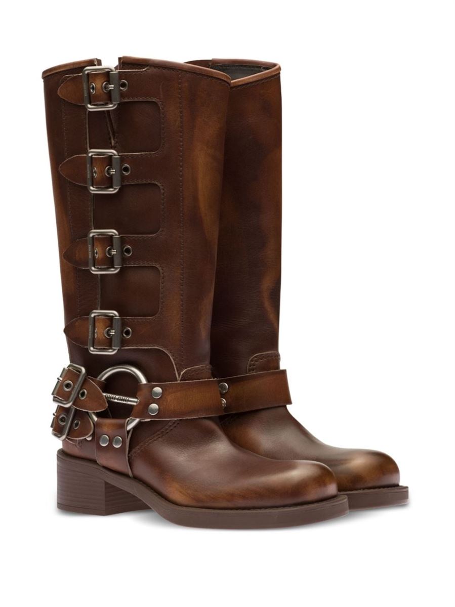 BUCKLE-DETAIL LEATHER BOOTS MIU MIU