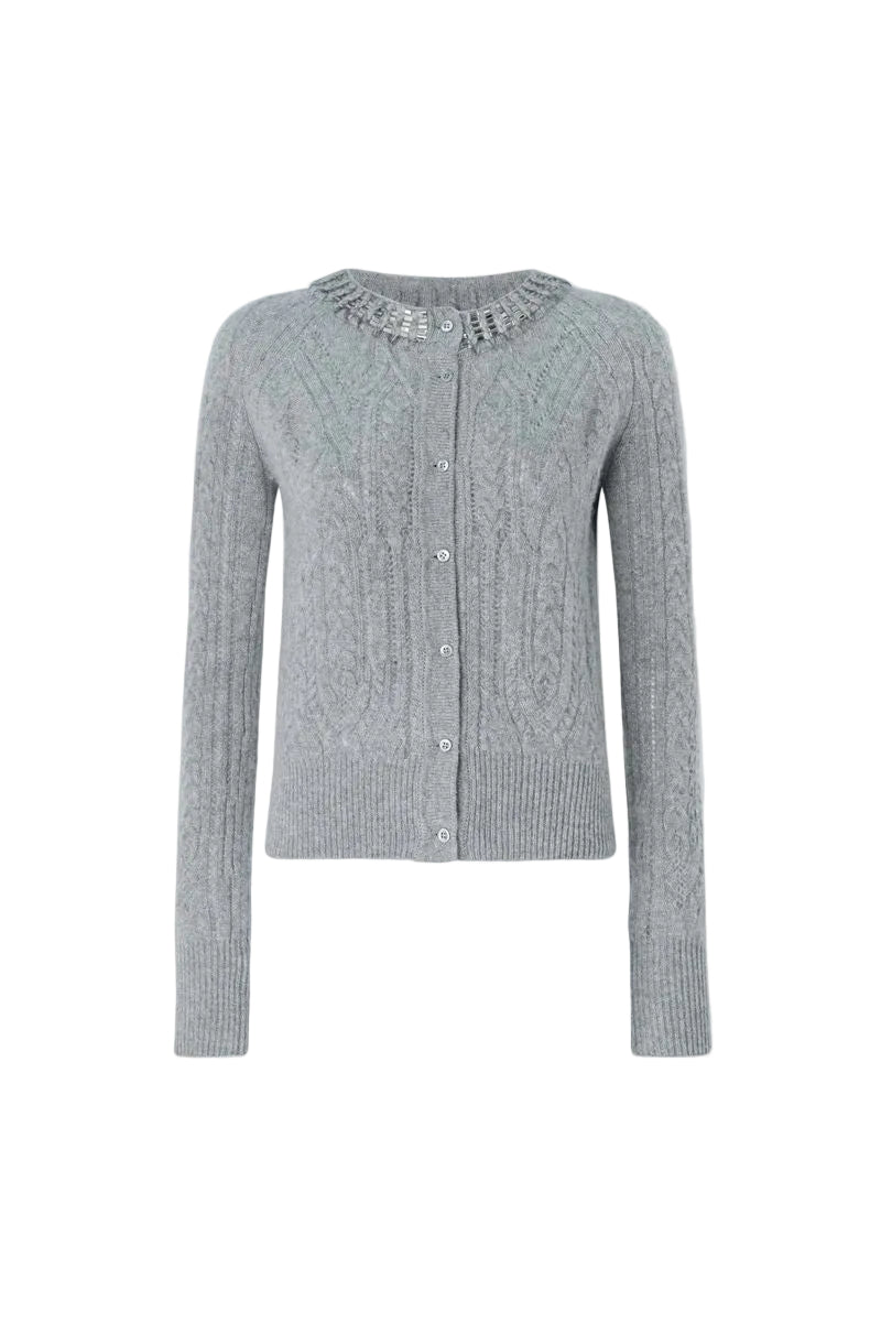Pure cashmere cardigan with cable-knit, openwork detailing and baguette crystals