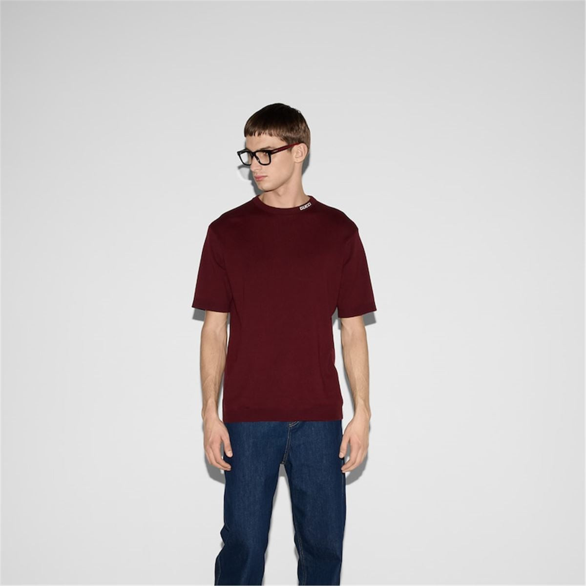 SILK COTTON T-SHIRT WITH GUCCI INTARSIA - GUCCI - Verso