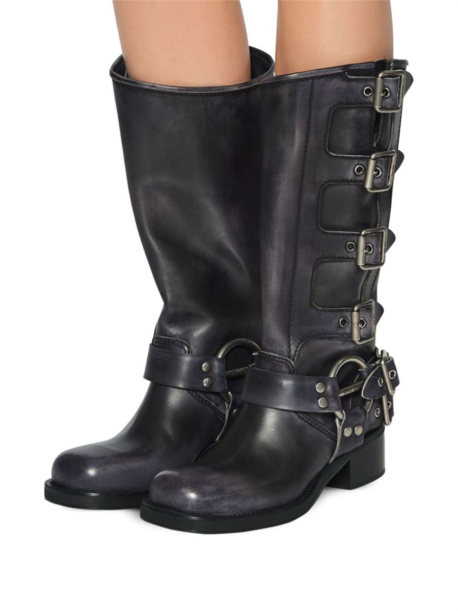 BUCKLE-DETAIL LEATHER BOOTS MIU MIU