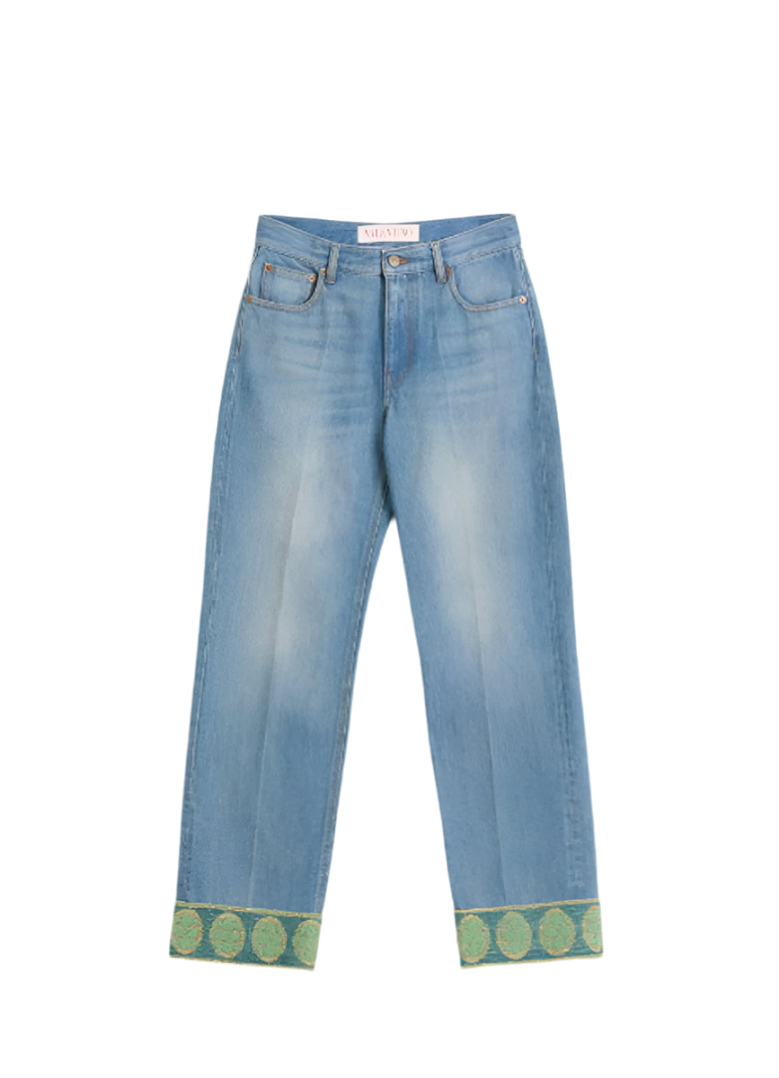 DENIM TROUSERS WITH JACQUARD TRIMS