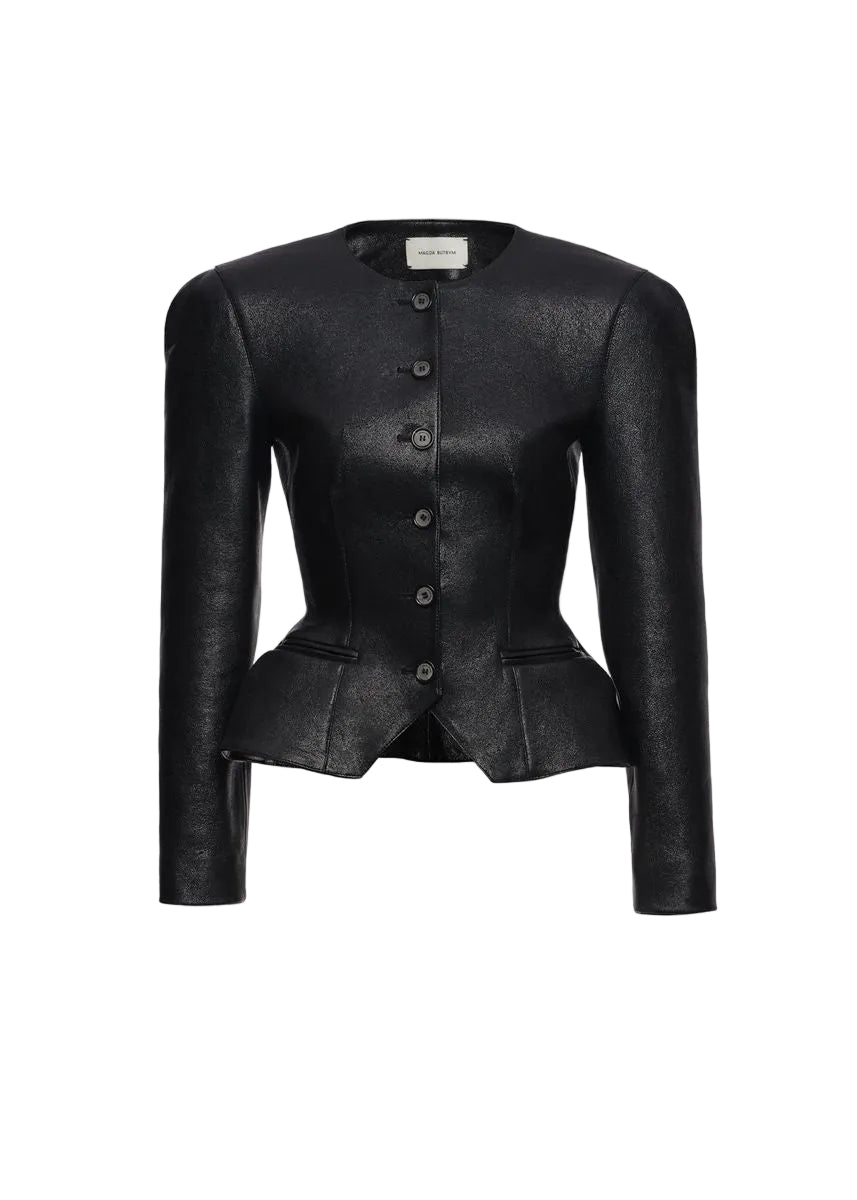 Fitted leather peplum jacket in black