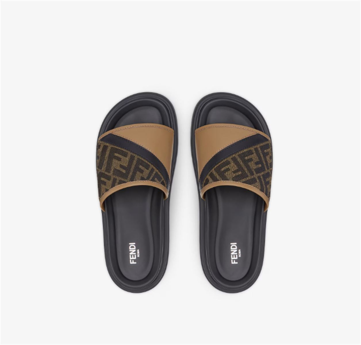 BROWN FF JACQUARD AND BEIGE LEATHER SLIDES -  FENDI -  Verso