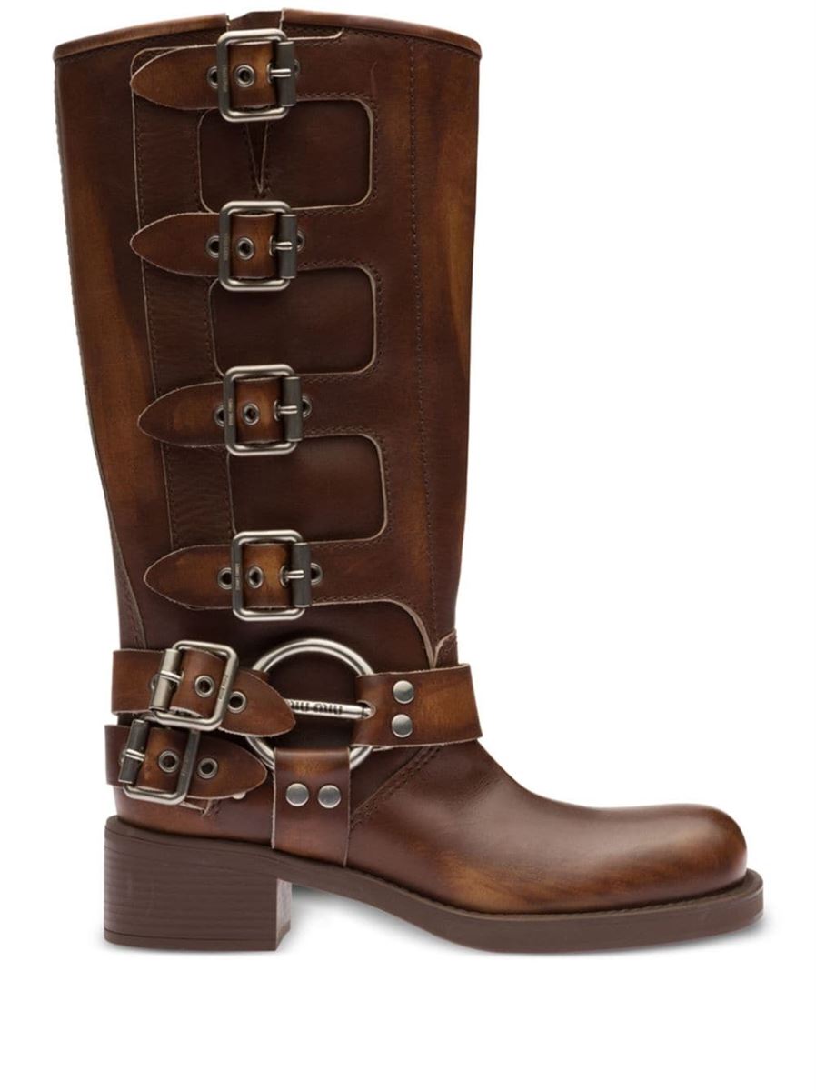 BUCKLE-DETAIL LEATHER BOOTS MIU MIU