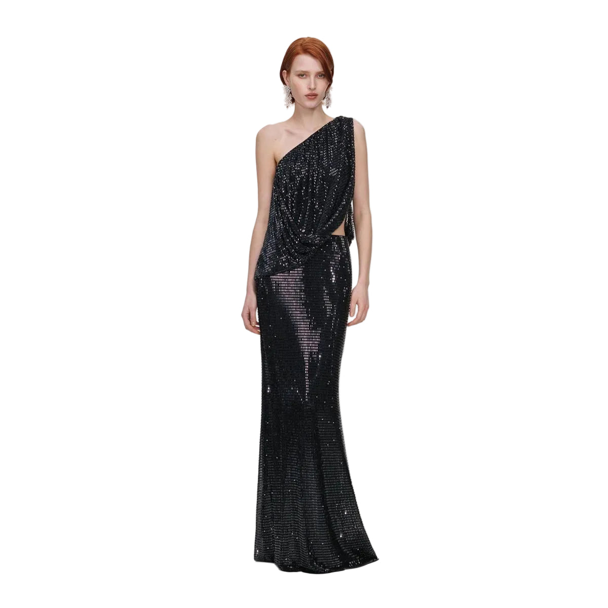 Black rhinestone one shoulder drape maxi dress