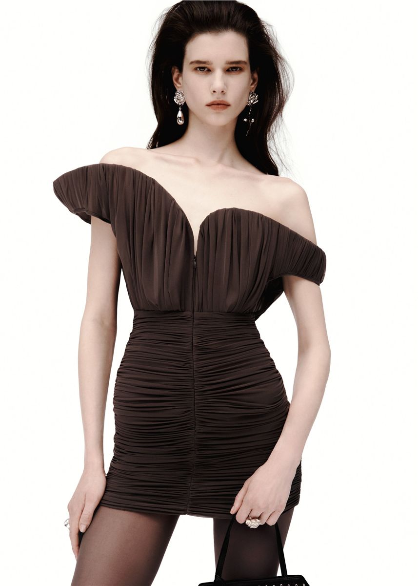 Asymmetrical Petal Mini Dress in Brown-MAGDA BUTRYM-Verso