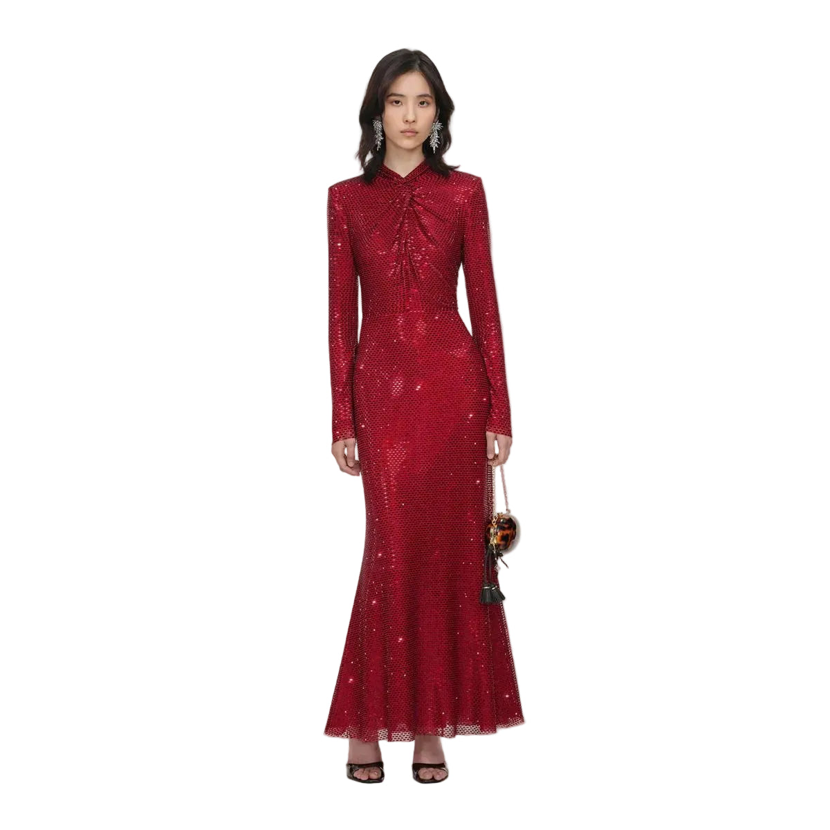 Red rhinestone mesh twist midi dress