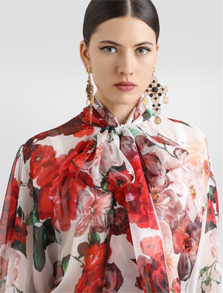 CHIFFON PUSSY-BOW BLOUSE WITH ROSE PRINT - DOLCE & GABBANA - Verso
