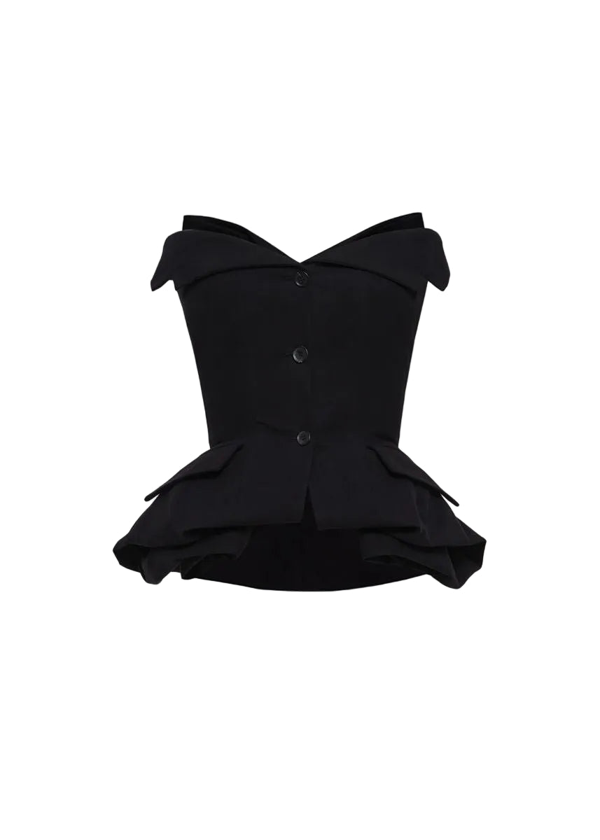 Strapless cotton blouse with rose peplum in black