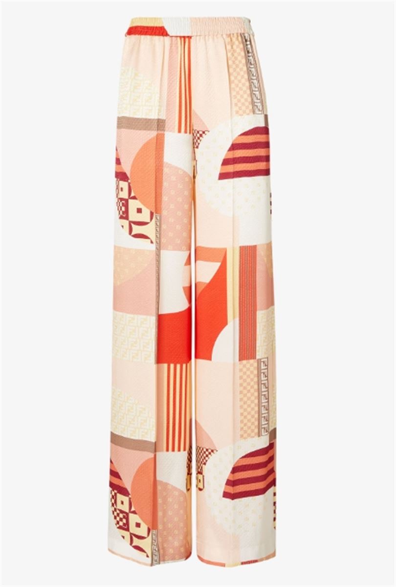 PINK SILK TROUSERS WITH PATCHWORK PRINT