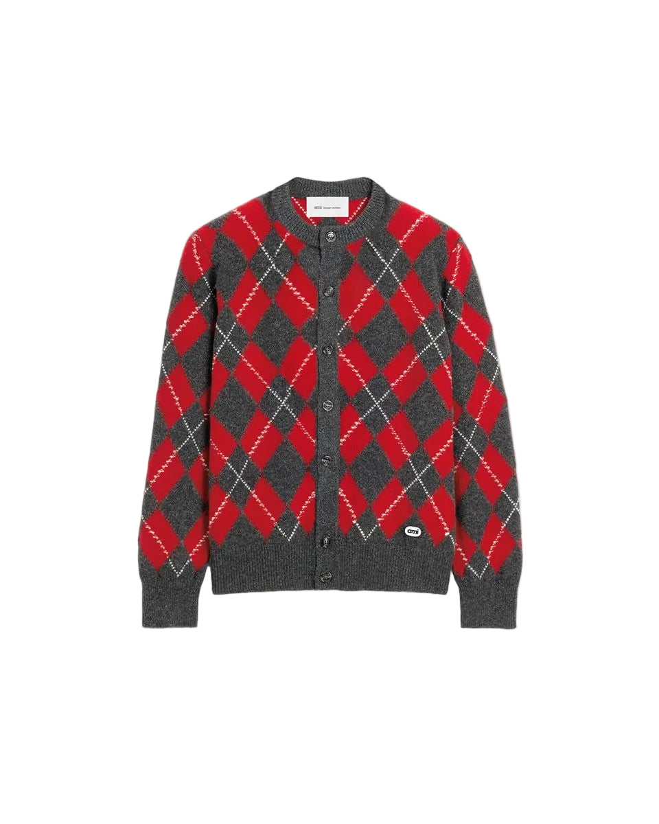 Grey wool cardigan in red argyle