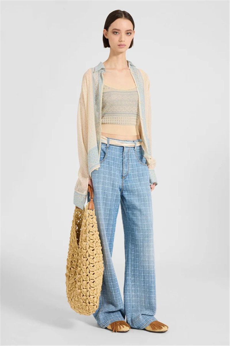 Baggy trousers in jacquard check denim with printed silk scarf belt-ERMANNO SCERVINO-Verso