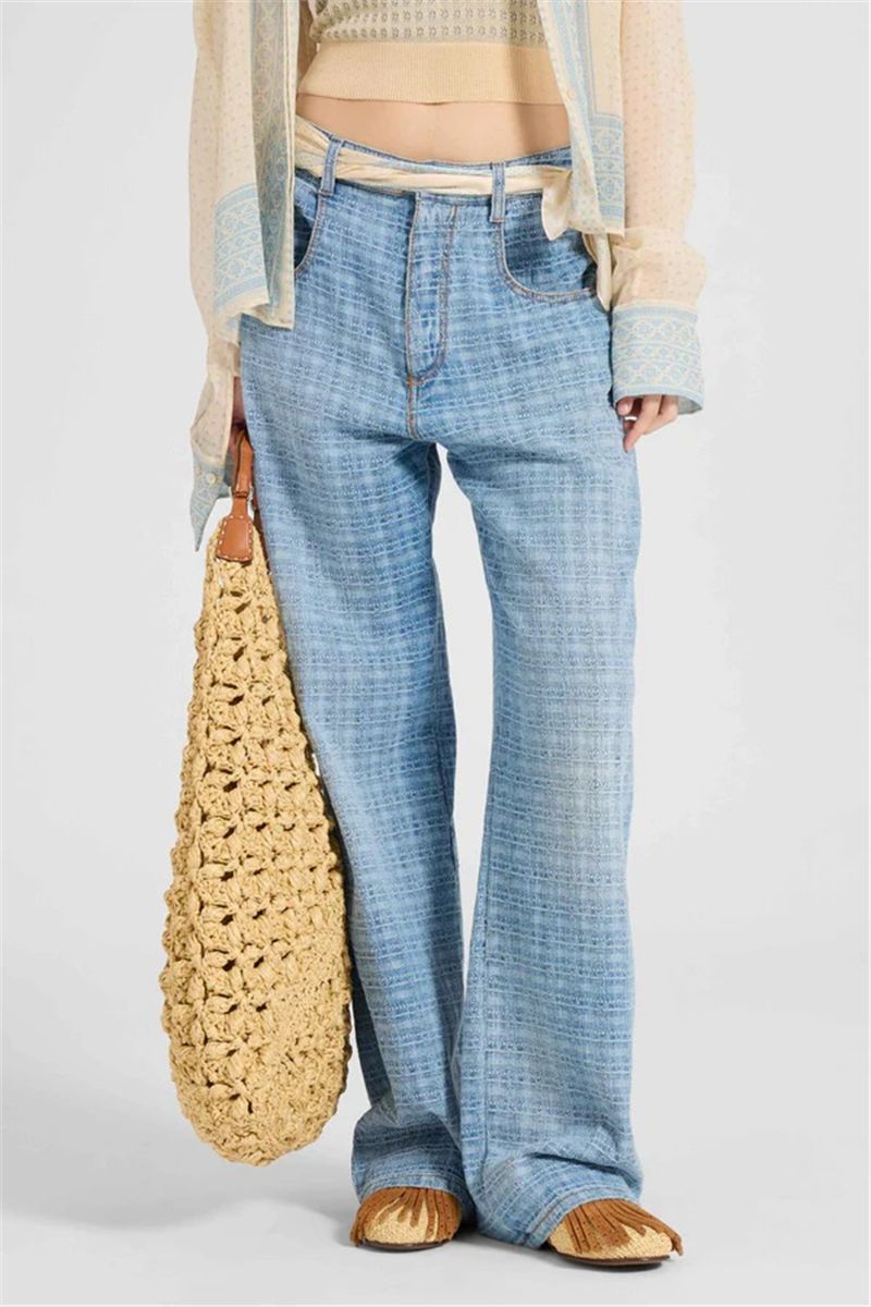 Baggy trousers in jacquard check denim with printed silk scarf belt-ERMANNO SCERVINO-Verso
