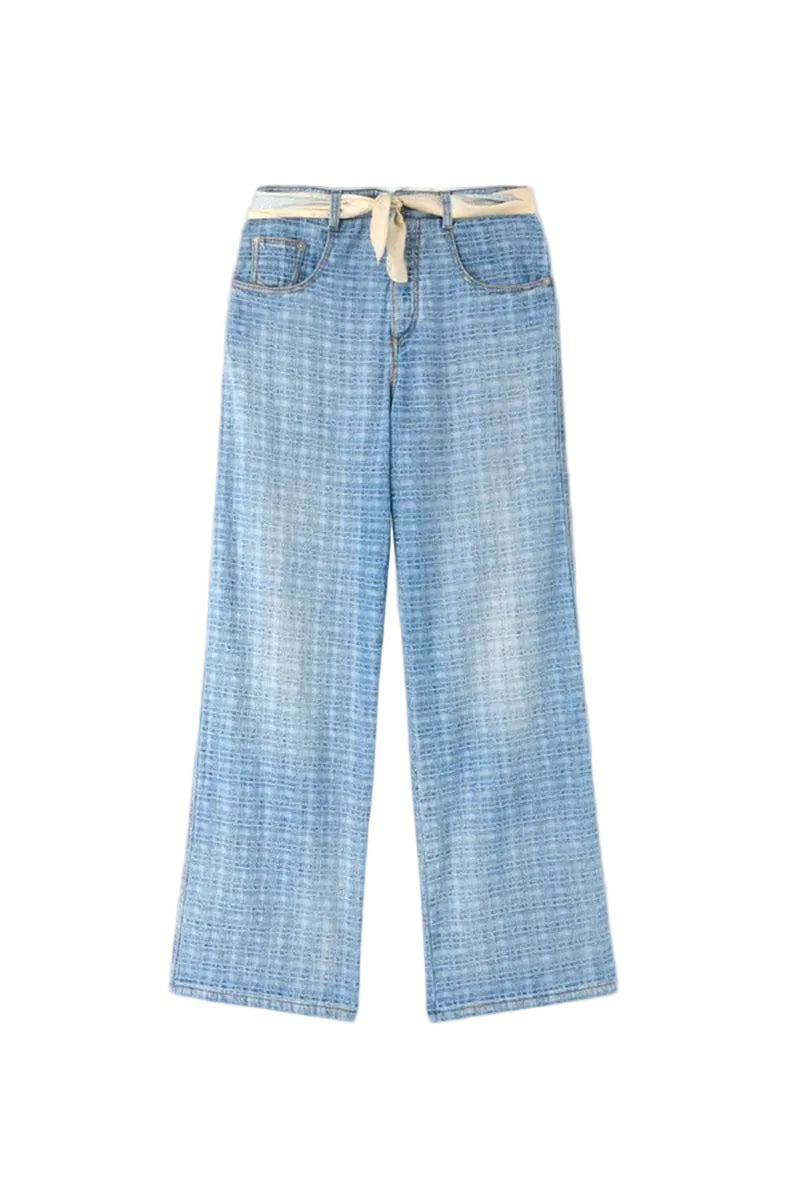 Baggy trousers in jacquard check denim with printed silk scarf belt-ERMANNO SCERVINO-308195-40-Verso