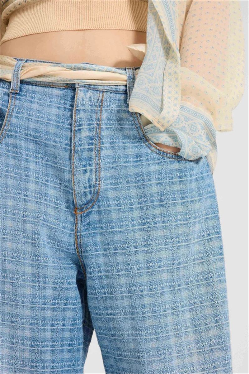Baggy trousers in jacquard check denim with printed silk scarf belt-ERMANNO SCERVINO-Verso