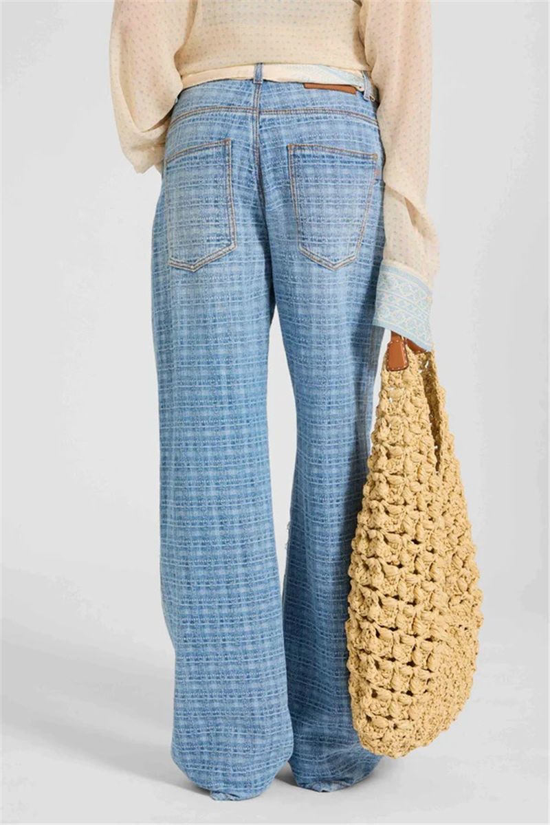 Baggy trousers in jacquard check denim with printed silk scarf belt-ERMANNO SCERVINO-Verso