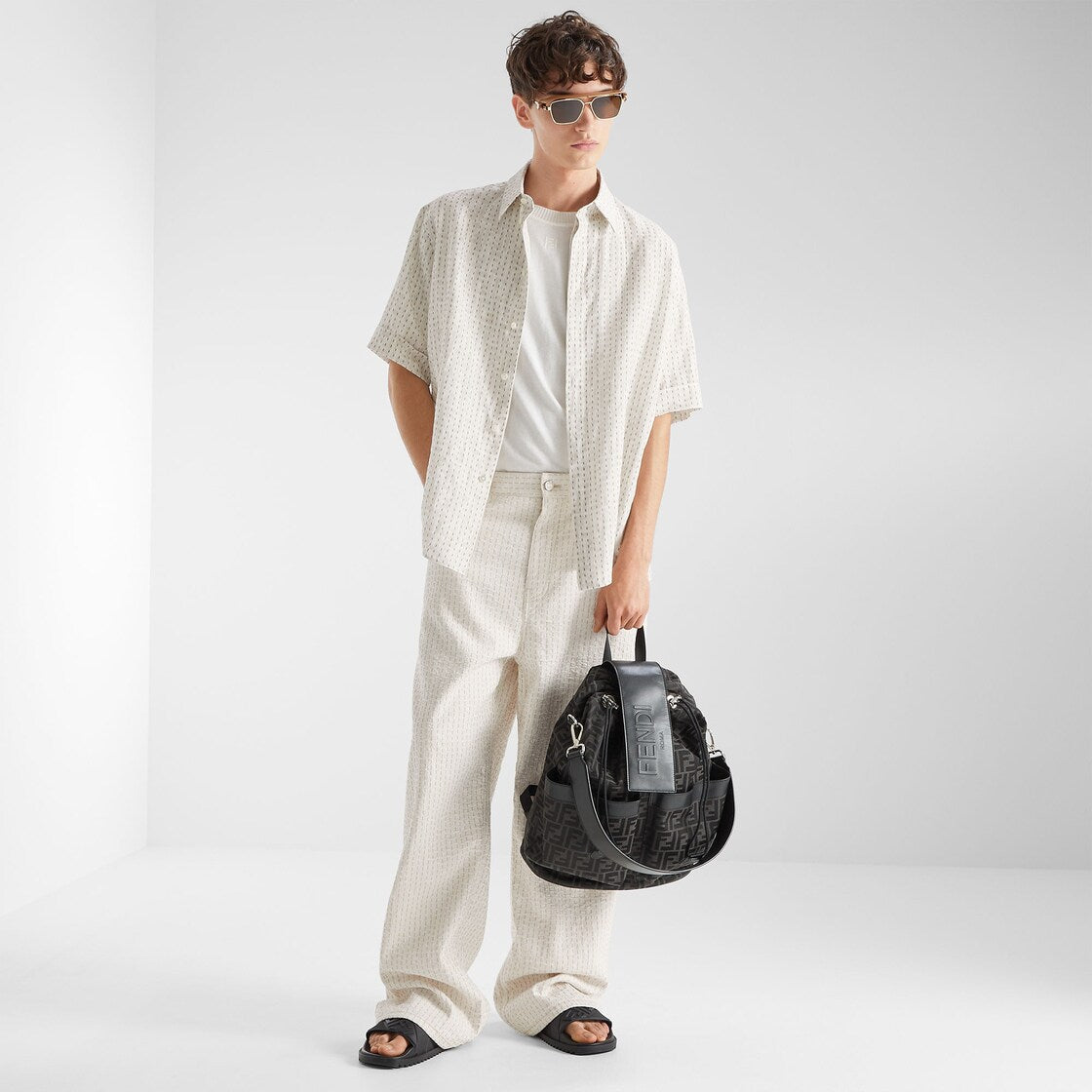 Beige ff linen shirt with topstitching-FENDI-Verso