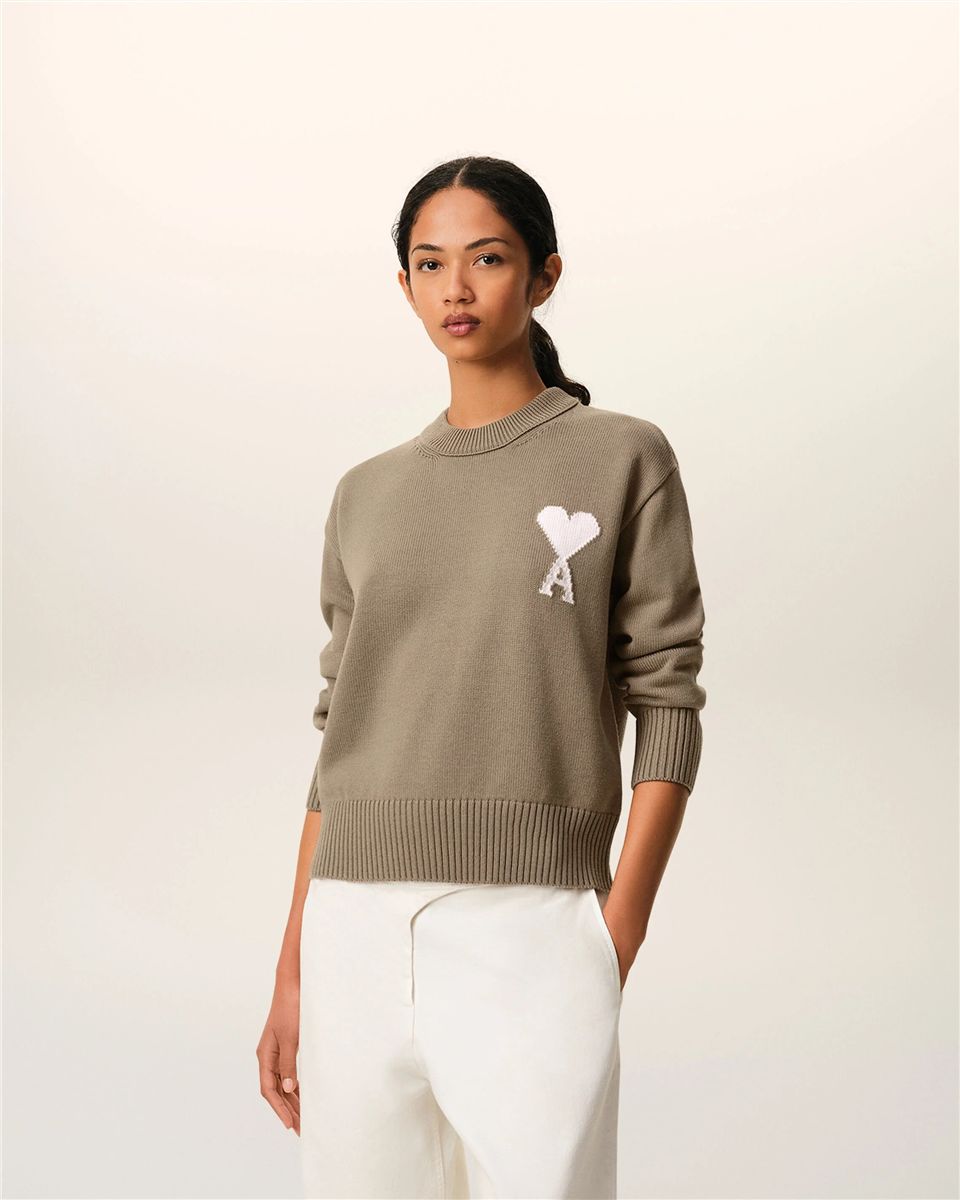 Beige wool and cotton crewneck ami de coeur sweater-AMI-Verso