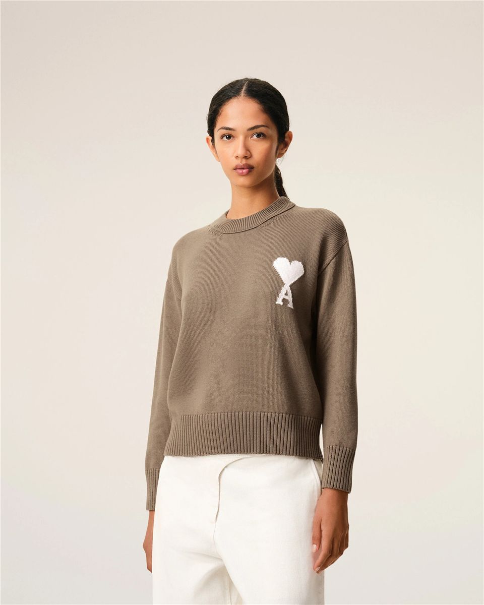 Beige wool and cotton crewneck ami de coeur sweater-AMI-Verso