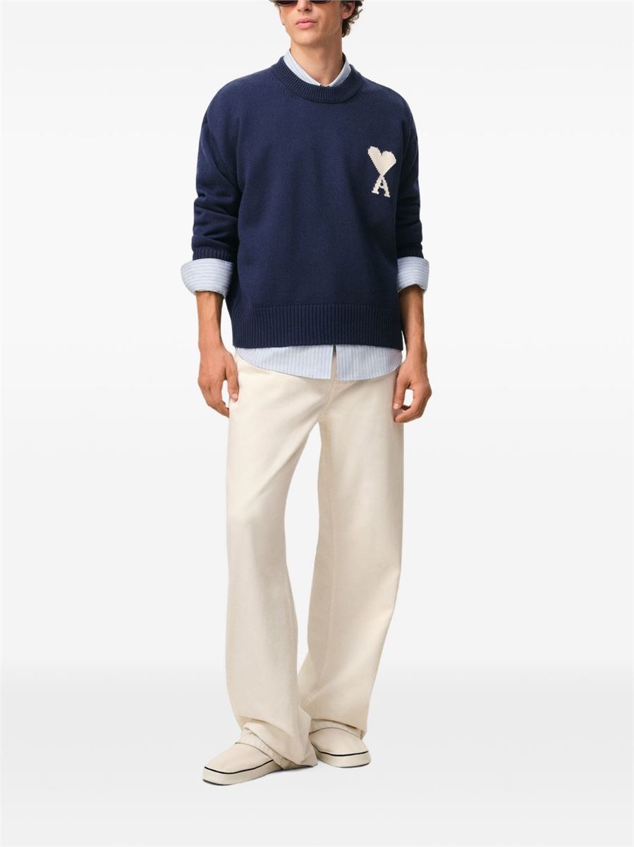 Beige wool and cotton crewneck ami de coeur sweater-AMI-Verso