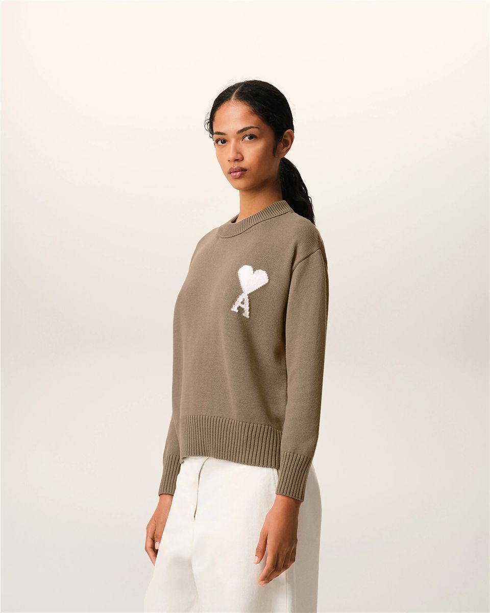 Beige wool and cotton crewneck ami de coeur sweater-AMI-Verso