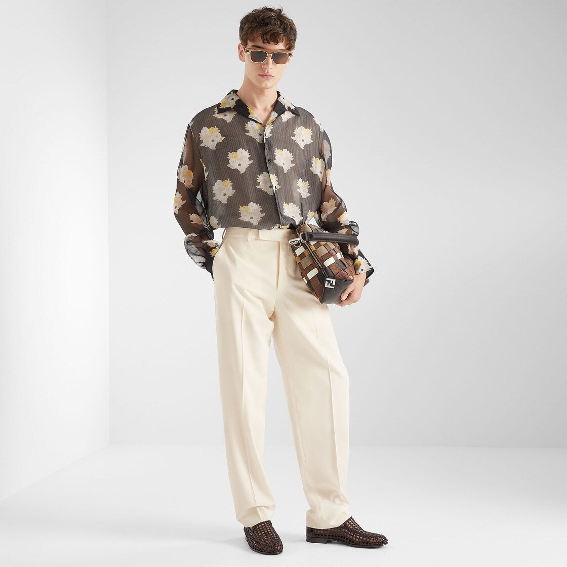 Beige wool gabardine pants-FENDI-Verso